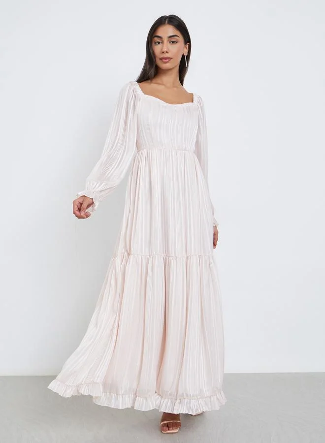 Styli Styli Off White Ruffled Hem Maxi Dress