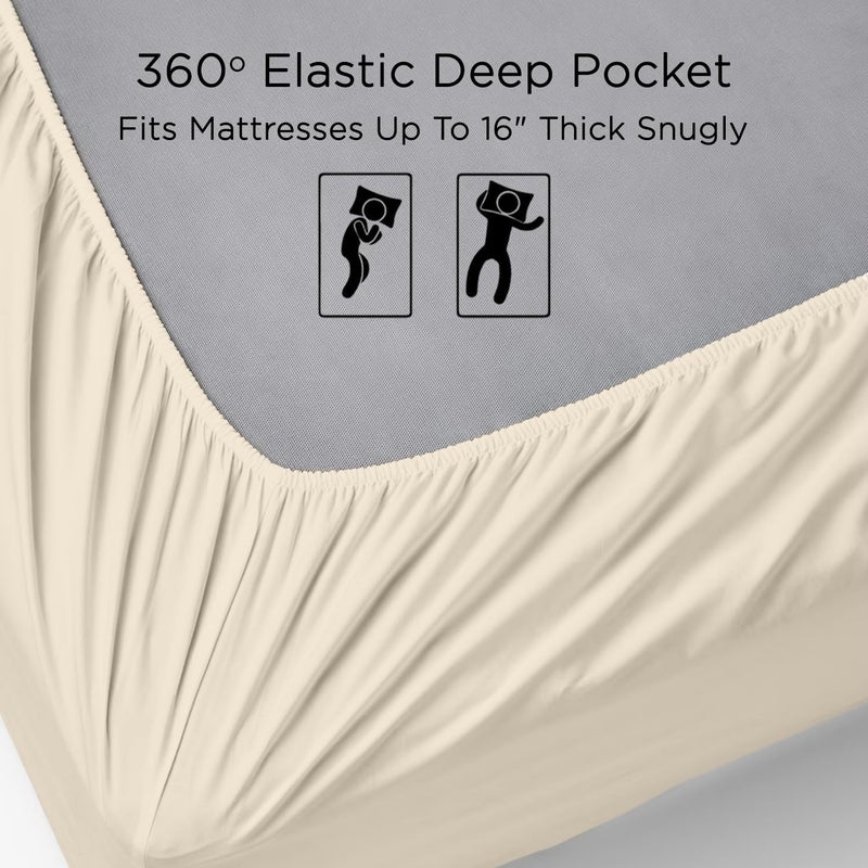 Minor Monkey 1000 Thread Count King Sheets Pure Egyptian Cotton King Size Sheets Set Ivory 4 PC Bed Sheet Set Hotel Quality Cooling Bedding Sets Fits 16"" Elasticized Deep Pocket Sateen Weave Sheets - Image 4