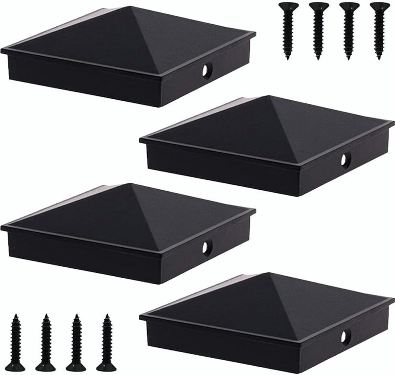 Azdele 4x4 Heavy Duty Aluminum Pyramid Post Caps Cover for 4x4 Nominal Wood Post(True 3.5" x 3.5"), with Matte Finish Powder Coated Surface, for Fence Wood Post of Decks or Corridors Black 4 Pack - Image 1