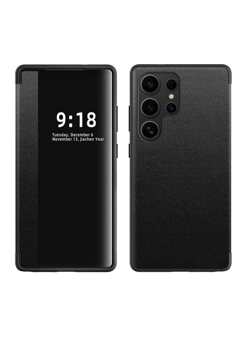 Leather Case Compatible Samsung Galaxy S25 Ultra Smart Transparent View Case, Ultra Thin Leather Flip Full Protective Case Shock and Drop Protection