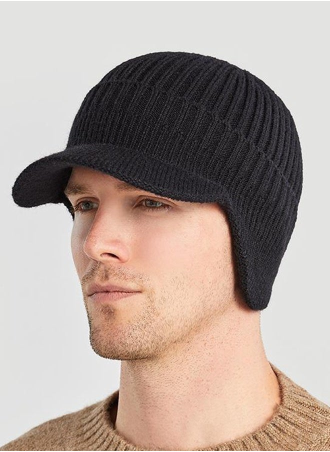 Joychic - Men's Winter Visor Beanie Hat with Earflaps Knit Baseball Cap with Brim Ski Hat Warm Fleece Lined Hunting Hat Black - Image 1