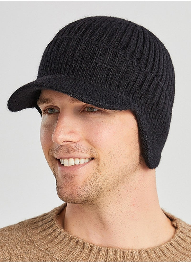 Joychic - Men's Winter Visor Beanie Hat with Earflaps Knit Baseball Cap with Brim Ski Hat Warm Fleece Lined Hunting Hat Black - Image 1