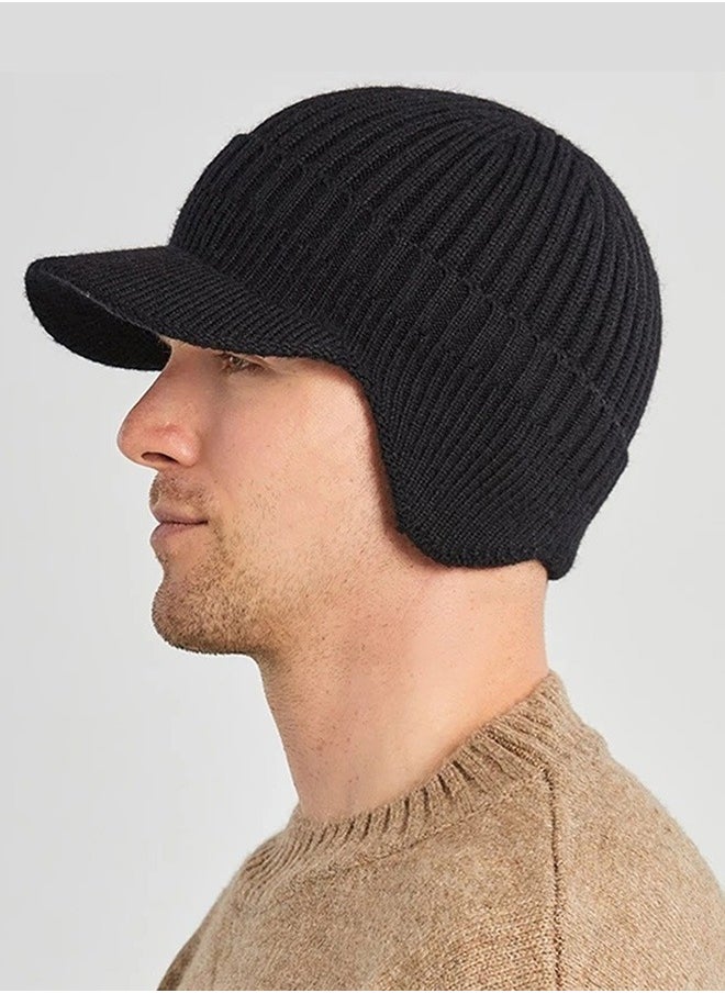 Joychic - Men's Winter Visor Beanie Hat with Earflaps Knit Baseball Cap with Brim Ski Hat Warm Fleece Lined Hunting Hat Black - Image 1