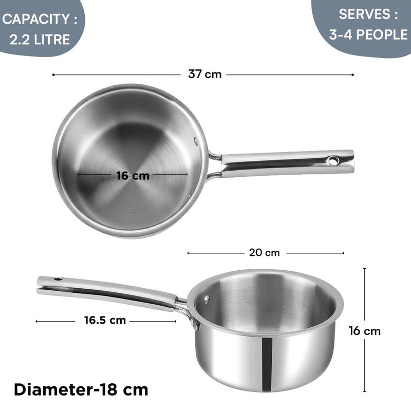 Kraft- follow your imagination Futuretec Triply Stainless Steel Saucepan With Lid - 2.2 Litre (18cm) | 2.5MM Thick | Tea Saucepan Induction And Gas Base | Strong Handle, Toxin Free - Image 3