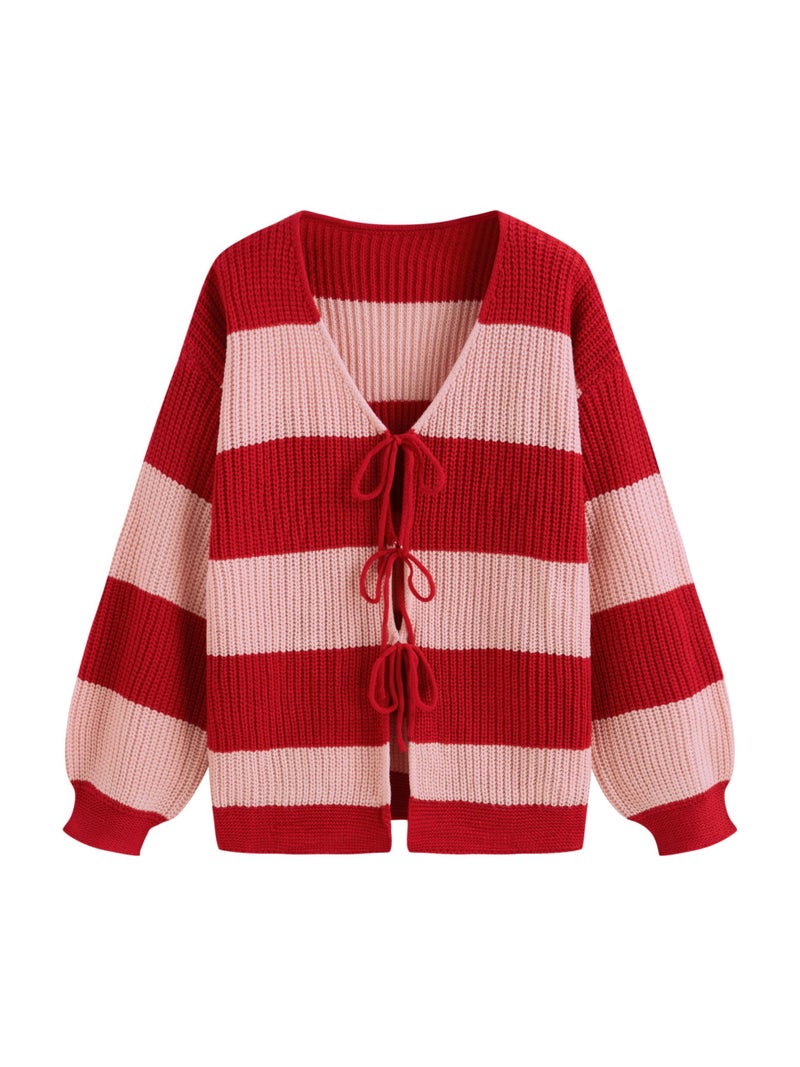 CIDER Cardigan Sweater for Women Tie Front Striped Long Sleeve V Neck Cute Y2k Fall Trendy Outfits Red - Image 1