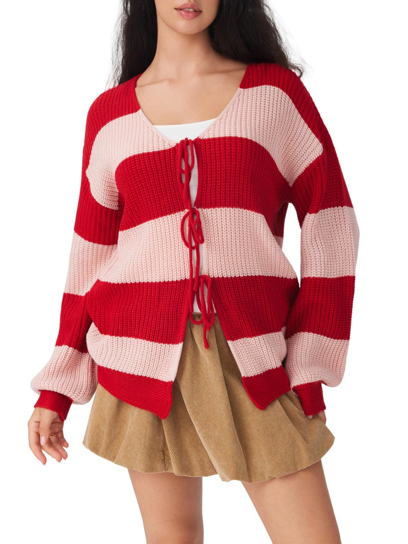 CIDER Cardigan Sweater for Women Tie Front Striped Long Sleeve V Neck Cute Y2k Fall Trendy Outfits Red - Image 3