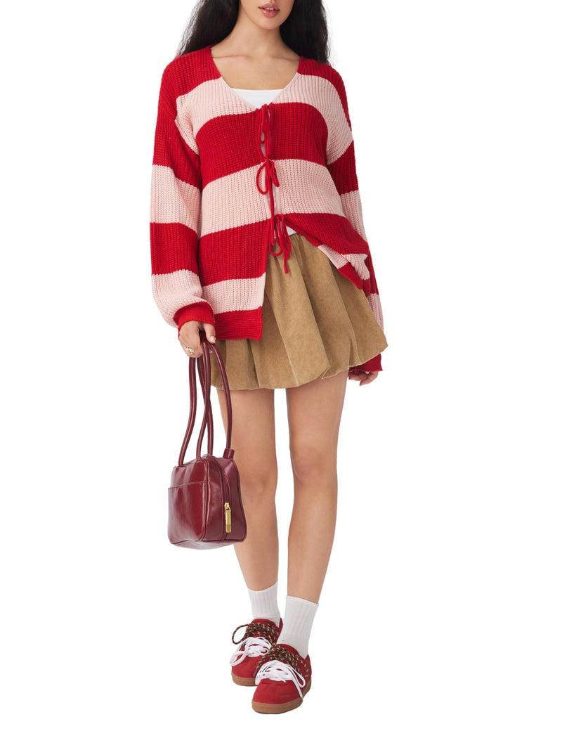 CIDER Cardigan Sweater for Women Tie Front Striped Long Sleeve V Neck Cute Y2k Fall Trendy Outfits Red - Image 4