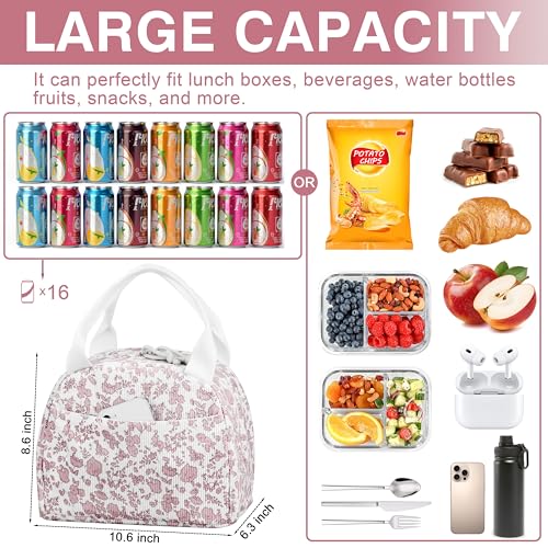 TESAFNG Lunch Bag Insulated Lunch Box for Women Reusable Large Capacity Cooler Bag for Adult Small Leakproof Cute Corduroy Lunch Tote for Work Office Travel Picnic Corduroy PinkFlower - Image 3