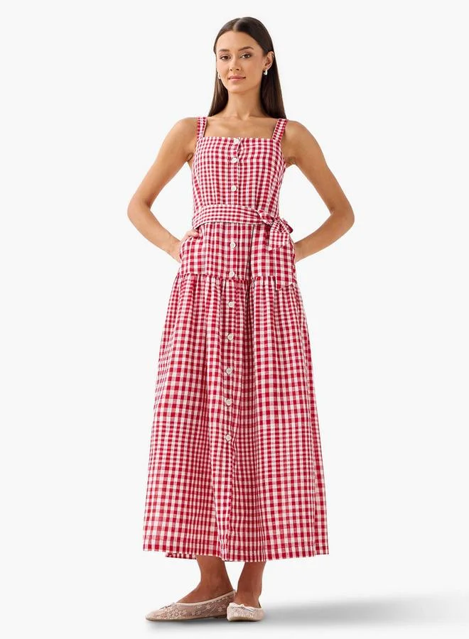 Lee Cooper Lee Cooper Checked Sleeveless Tiered Dress with Square Neck