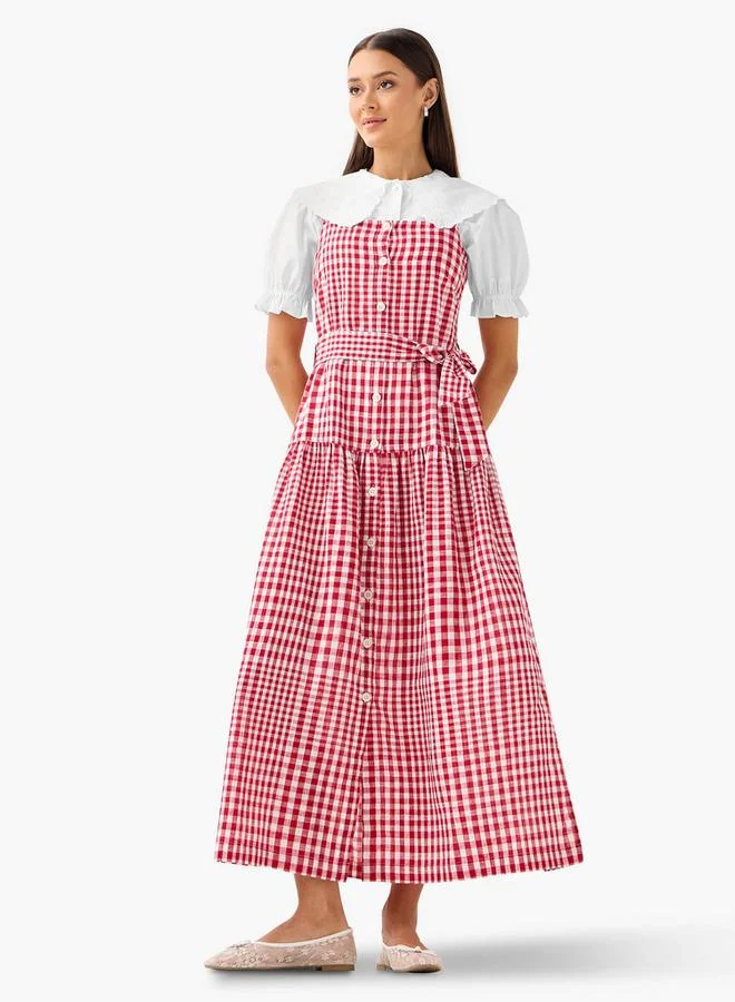 Lee Cooper Lee Cooper Checked Sleeveless Tiered Dress with Square Neck