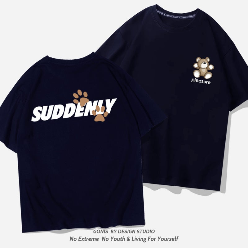 Bear Short-Sleeved T-Shirt Summer Men'S And Women'S Trendy Brand Cartoon Printed Korean-Style Loose Cotton Shoulder Half-Sleeved Kiss Clothes - Image 1