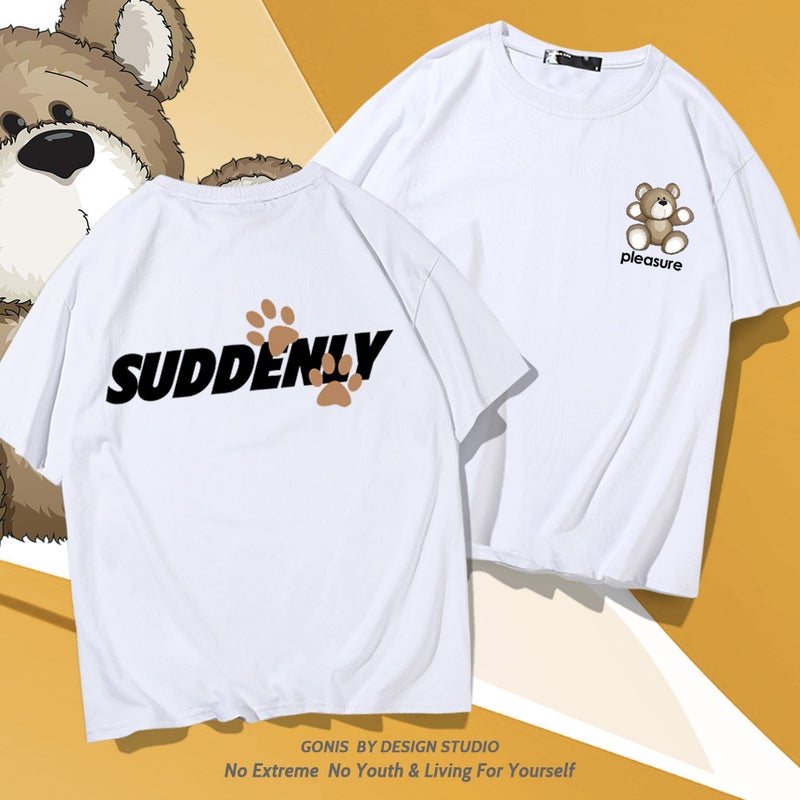Bear Short-Sleeved T-Shirt Summer Men'S And Women'S Trendy Brand Cartoon Printed Korean-Style Loose Cotton Shoulder Half-Sleeved Kiss Clothes - Image 3