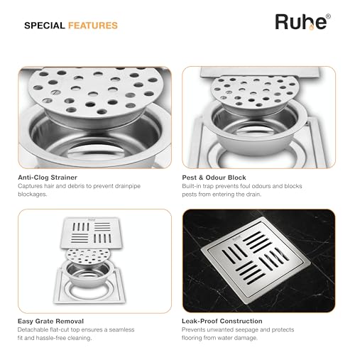Ruhe® Ruby Exclusive Square Flat Cut Floor Drain | 304-Grade Stainless Steel Drain Jali | 6 x 6 inches | Floor Drainer with Cockroach Trap/Jali - Image 4