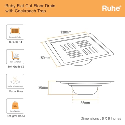 Ruhe® Ruby Exclusive Square Flat Cut Floor Drain | 304-Grade Stainless Steel Drain Jali | 6 x 6 inches | Floor Drainer with Cockroach Trap/Jali - Image 2
