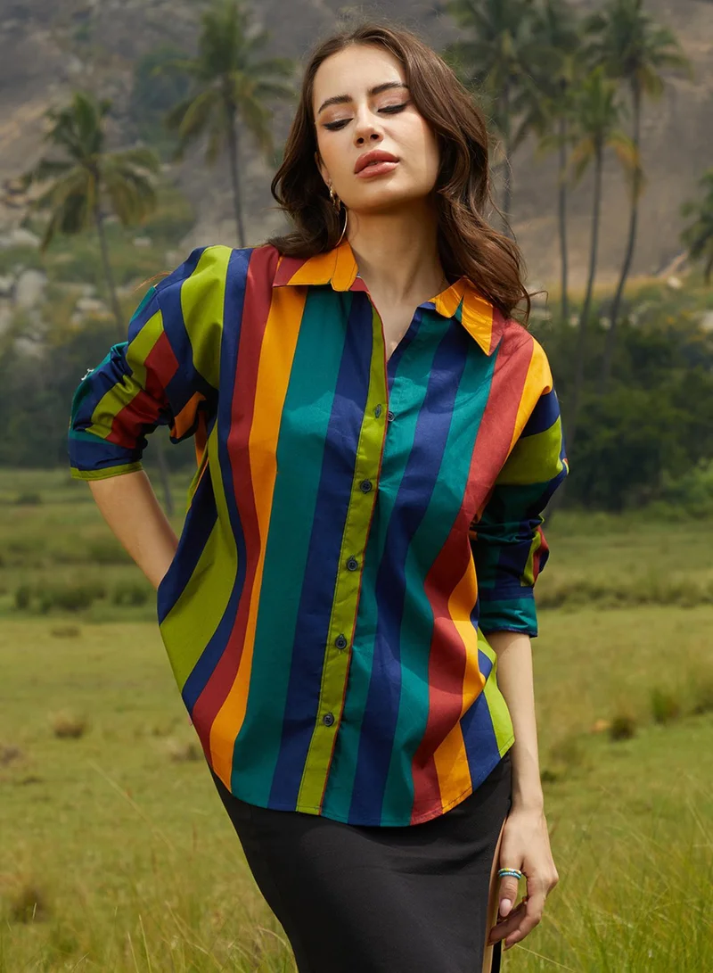 كامبوس سوترا قميص نسائي واسع مخطط أخضر وأزرق من كامبس سوترا للاستخدام اليومي بياقة ممتدة وأكمام طويلة وإغلاق بأزرار