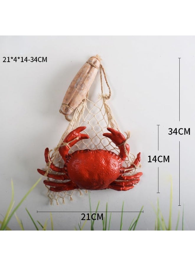 YINZUO YINZUO Nautical Wall Hanging Decor of Red Lobster and Crab Sculptures in Fishing Nets with Wooden Floats for Beach House or Coastal Kitchen Wall Art  - Image 3