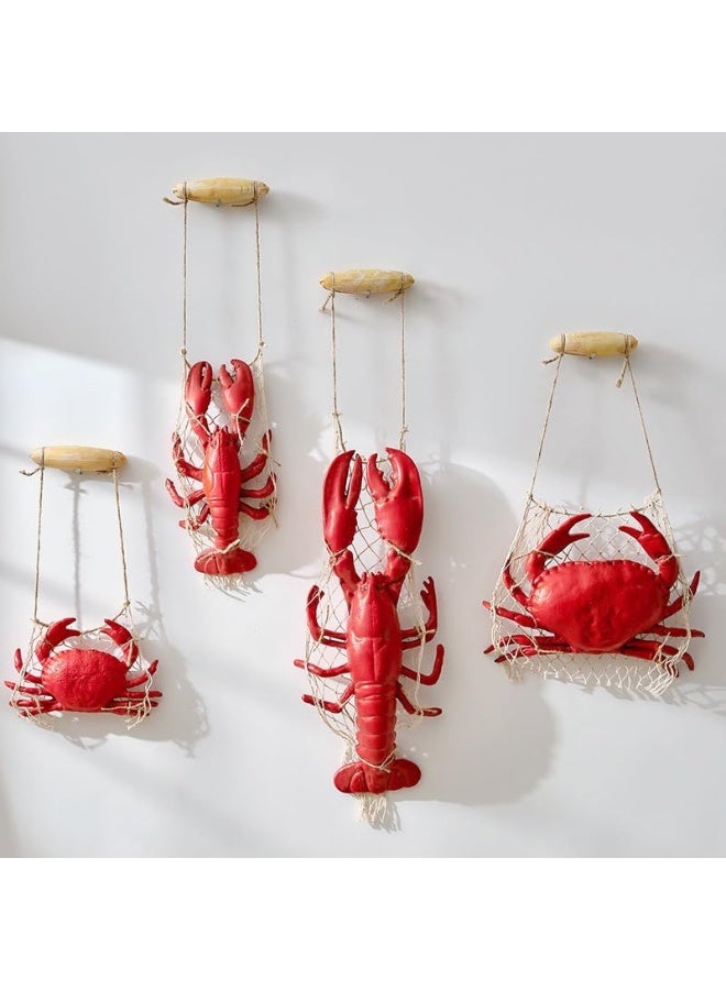 YINZUO YINZUO Nautical Wall Hanging Decor of Red Lobster and Crab Sculptures in Fishing Nets with Wooden Floats for Beach House or Coastal Kitchen Wall Art  - Image 2