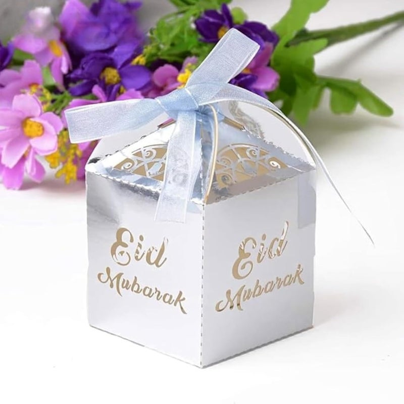 Eid Mubarak Gift Boxes – Pack of 5 Ramadan Favor Boxes in Silver, Elegant Treat Box for Sweets, Dates, Chocolates, and Gifts for Kids | Eid Gift Bags (Silver) - Image 5