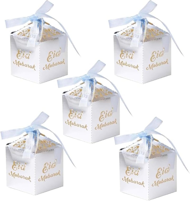 Eid Mubarak Gift Boxes – Pack of 5 Ramadan Favor Boxes in Silver, Elegant Treat Box for Sweets, Dates, Chocolates, and Gifts for Kids | Eid Gift Bags (Silver) - Image 1