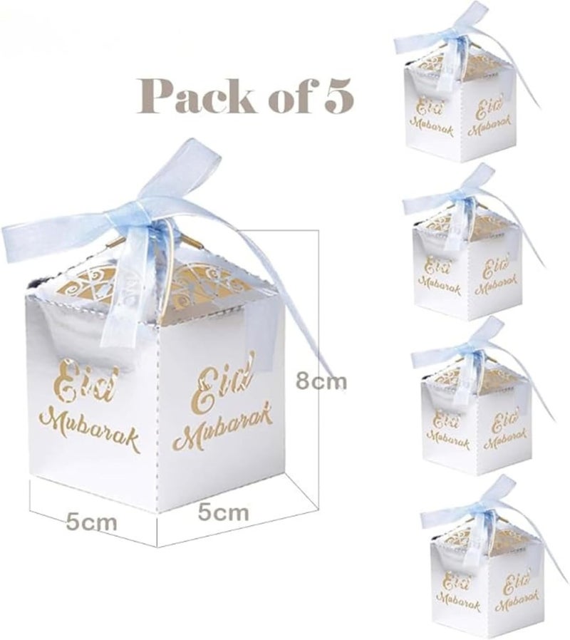 Eid Mubarak Gift Boxes – Pack of 5 Ramadan Favor Boxes in Silver, Elegant Treat Box for Sweets, Dates, Chocolates, and Gifts for Kids | Eid Gift Bags (Silver) - Image 2