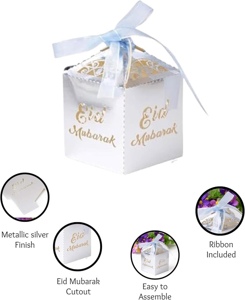 Eid Mubarak Gift Boxes – Pack of 5 Ramadan Favor Boxes in Silver, Elegant Treat Box for Sweets, Dates, Chocolates, and Gifts for Kids | Eid Gift Bags (Silver) - Image 3