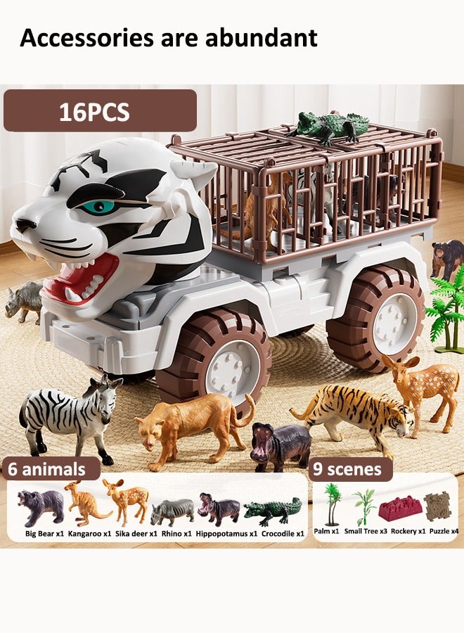 16-piece Tiger Transporter playset Large construction truck toy Children's trailer toys Truck playset Engineering truck toys Inertial drive Artificial animals Birthday present Toys for boys  - Image 3