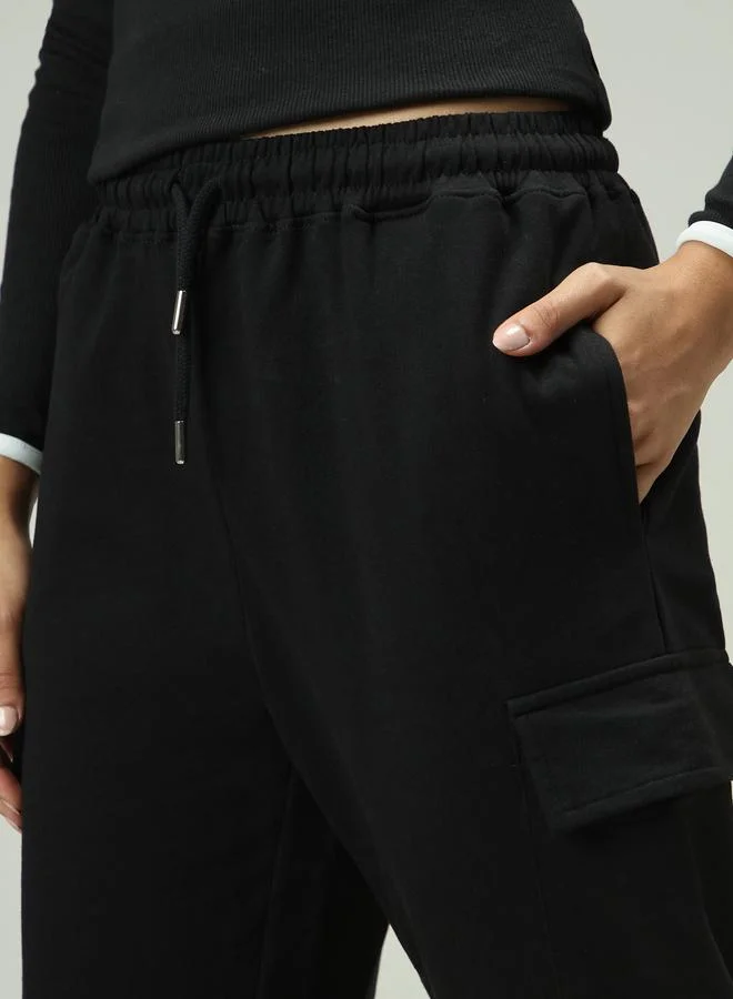 Outzidr  Black Cargo Pocket Wide Leg Joggers for Women | Best Price UAE