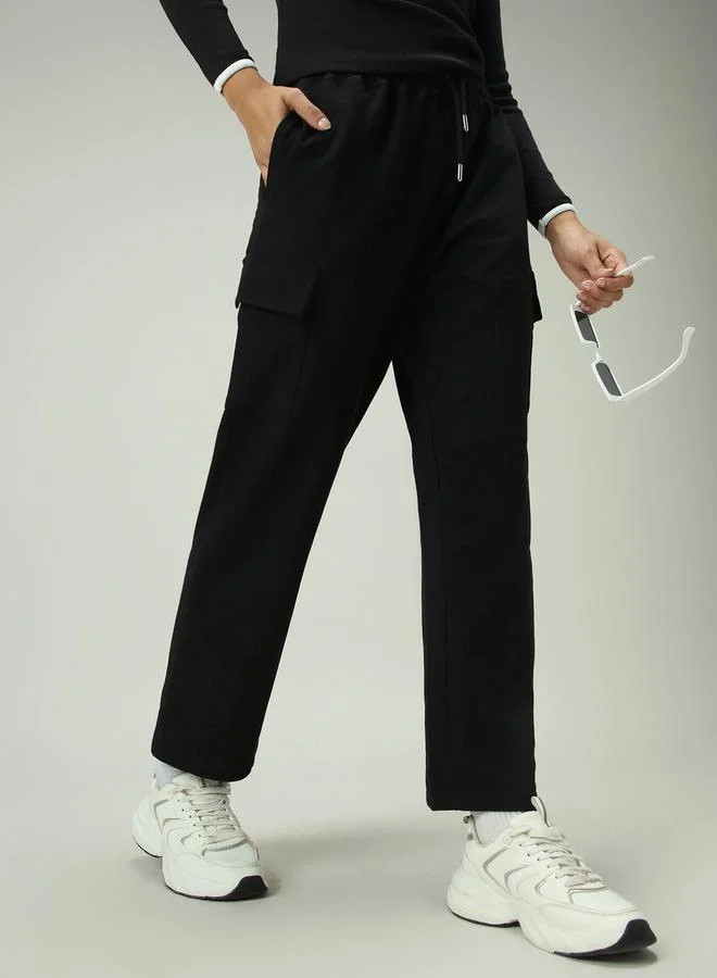 Outzidr  Black Cargo Pocket Wide Leg Joggers for Women | Best Price UAE