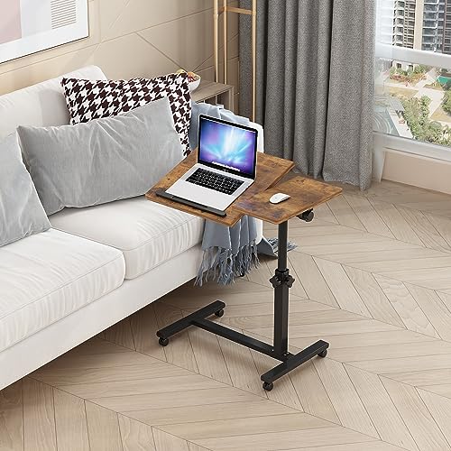 TigerDad Overbed Bedside Desk Mobile Rolling Laptop Stand Tilting Overbed Table with Wheels Height Adjustable Tray Table for Laptop Bed Sofa Side Table (Rustic Brown) - Image 1
