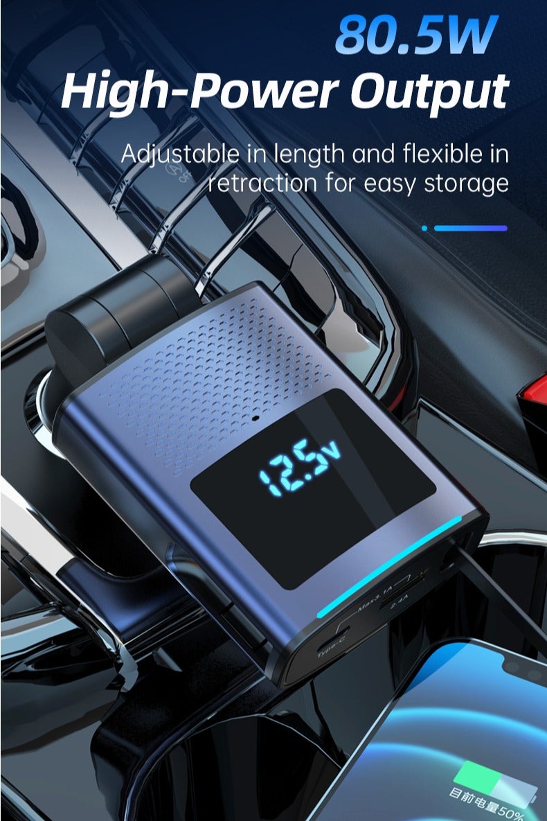 السيميا شاحن سيارة بقدرة 80.5 واط، شاحن سيارة 4 في 1 بمنفذ USB Pd من النوع C للشحن السريع، شحن سريع لأجهزة متعددة، رأس قابل للتعديل بزاوية 180°، كابل قابل للسحب بطول 31.5 بوصة، ومنفذ USB واحد ومنفذ Type-C واحد، متوافق مع كابلات Type-C وLightning لأجهزة iPhone 17/16/15/14/13/12 Pro Max و Xr، iPad، و Pixel - Image 1