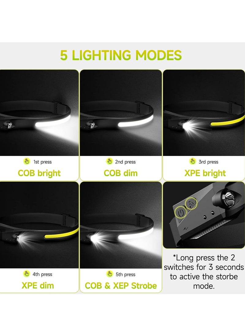 Loquat Headlamp, LED Rechargeable USB Headlamp, Super Bright 350 Lumens 5 Light Modes 230° COB u0026 XPE Sensor Lighting Headlight Headlamp, Waterproof IPX4 for Jogging, Fishing, Running, and Hiking - Image 2