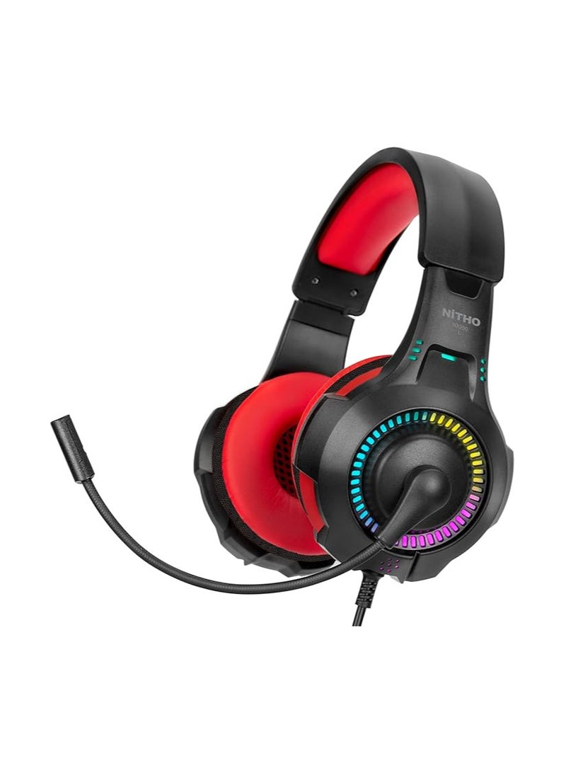 نيثو سماعة ألعاب NiTHO NX200 مع إضاءة RGB وميكروفون، سماعات رأس ستيريو فوق الأذن لأجهزة Xbox Series X|S، Xbox One، PS5، PS4، Switch، الكمبيوتر الشخصي، الهاتف المحمول، مقبس صوت 3.5 مم، مشغلات 40 مم - أحمر  - Image 1