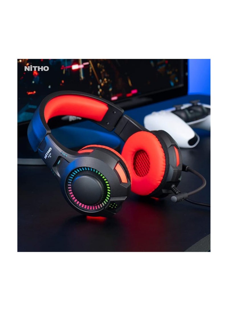 نيثو سماعة ألعاب NiTHO NX200 مع إضاءة RGB وميكروفون، سماعات رأس ستيريو فوق الأذن لأجهزة Xbox Series X|S، Xbox One، PS5، PS4، Switch، الكمبيوتر الشخصي، الهاتف المحمول، مقبس صوت 3.5 مم، مشغلات 40 مم - أحمر  - Image 2