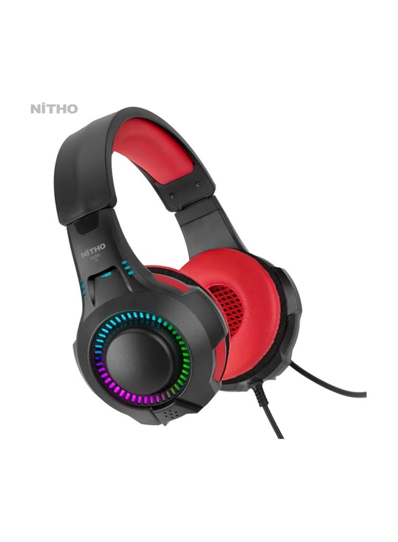 نيثو سماعة ألعاب NiTHO NX200 مع إضاءة RGB وميكروفون، سماعات رأس ستيريو فوق الأذن لأجهزة Xbox Series X|S، Xbox One، PS5، PS4، Switch، الكمبيوتر الشخصي، الهاتف المحمول، مقبس صوت 3.5 مم، مشغلات 40 مم - أحمر  - Image 3