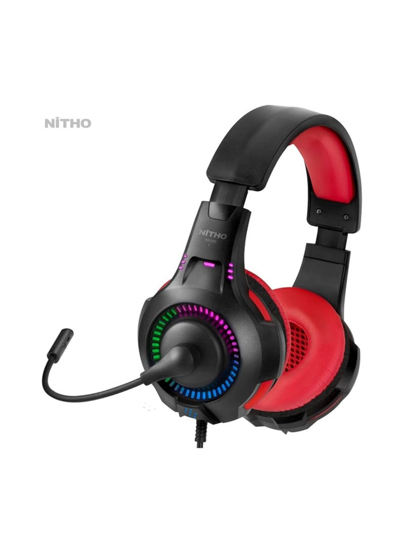 نيثو سماعة ألعاب NiTHO NX200 مع إضاءة RGB وميكروفون، سماعات رأس ستيريو فوق الأذن لأجهزة Xbox Series X|S، Xbox One، PS5، PS4، Switch، الكمبيوتر الشخصي، الهاتف المحمول، مقبس صوت 3.5 مم، مشغلات 40 مم - أحمر  - Image 4