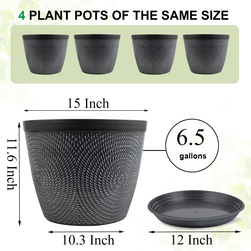 Quarut 4 Pack 15 Inch Large Planter Pot for Plants Outdoor Indoor, Plastic Flower Pots with Drainage Hole & Saucer, Modern Decorative Medium Large Plant Garden Pot, Plant Container for House (Gray) - Image 4
