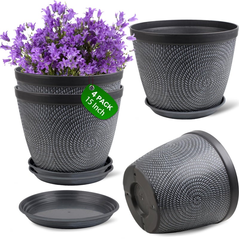 Quarut 4 Pack 15 Inch Large Planter Pot for Plants Outdoor Indoor, Plastic Flower Pots with Drainage Hole & Saucer, Modern Decorative Medium Large Plant Garden Pot, Plant Container for House (Gray) - Image 1