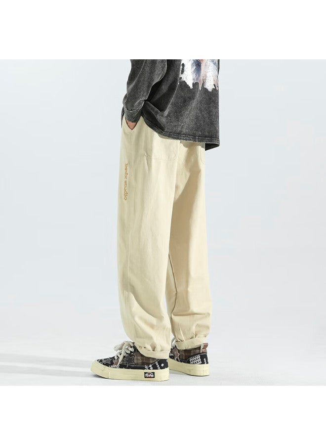 Homlean Men's Pure Cotton Casual Pants Spring Embroidered Fleece Lined Sports Pants Loose Fit Cargo Joggers Hs65jr Khaki 2XL - Image 2