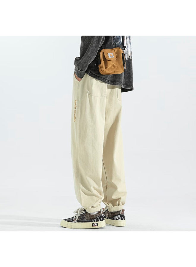 Homlean Men's Pure Cotton Casual Pants Spring Embroidered Fleece Lined Sports Pants Loose Fit Cargo Joggers Hs65jr Khaki 2XL - Image 4