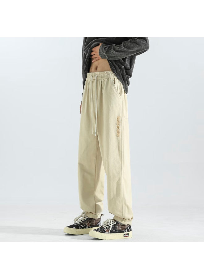 Homlean Men's Pure Cotton Casual Pants Spring Embroidered Fleece Lined Sports Pants Loose Fit Cargo Joggers Hs65jr Khaki 2XL - Image 5