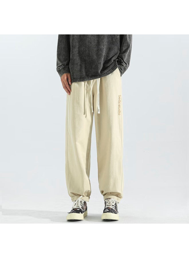 Homlean Men's Pure Cotton Casual Pants Spring Embroidered Fleece Lined Sports Pants Loose Fit Cargo Joggers Hs65jr Khaki 2XL - Image 3