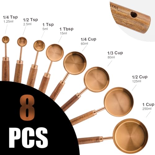 SHIKORI Gold Measuring Cups and Spoons Set with Wood Handles, Premium Stainless Steel Measuring Spoons and Measuring Cups Set, For Cooking and Baking in the Kitchen (Bronze) - Image 2