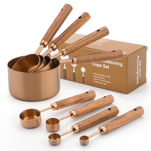 SHIKORI Gold Measuring Cups and Spoons Set with Wood Handles, Premium Stainless Steel Measuring Spoons and Measuring Cups Set, For Cooking and Baking in the Kitchen (Bronze) - Image 1