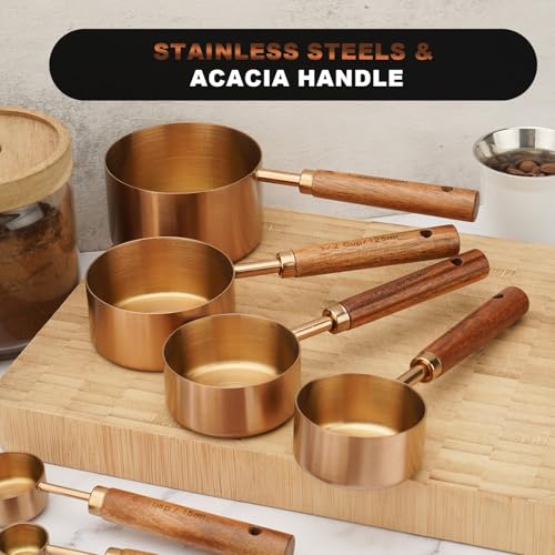 SHIKORI Gold Measuring Cups and Spoons Set with Wood Handles, Premium Stainless Steel Measuring Spoons and Measuring Cups Set, For Cooking and Baking in the Kitchen (Bronze) - Image 5