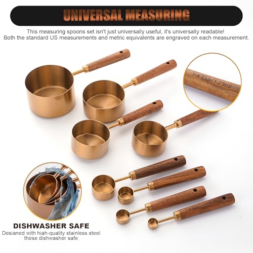 SHIKORI Gold Measuring Cups and Spoons Set with Wood Handles, Premium Stainless Steel Measuring Spoons and Measuring Cups Set, For Cooking and Baking in the Kitchen (Bronze) - Image 4