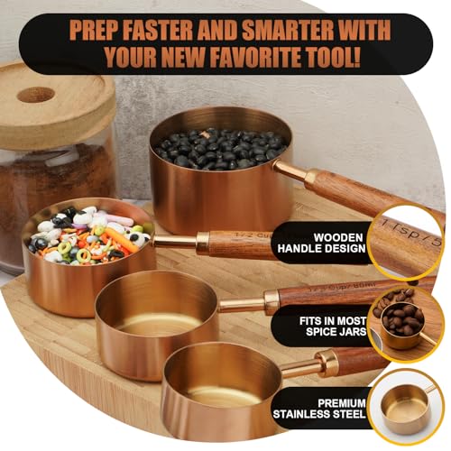 SHIKORI Gold Measuring Cups and Spoons Set with Wood Handles, Premium Stainless Steel Measuring Spoons and Measuring Cups Set, For Cooking and Baking in the Kitchen (Bronze) - Image 3