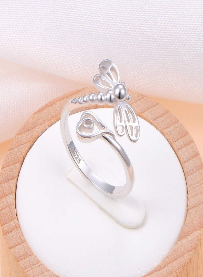 DAOCHONG 925 Sterling Silver Open Heart Insect Dragonfly Wrap Ring for Women (Adjustable Ring) (Dragonfly(wing fitting finger design)) - Image 3