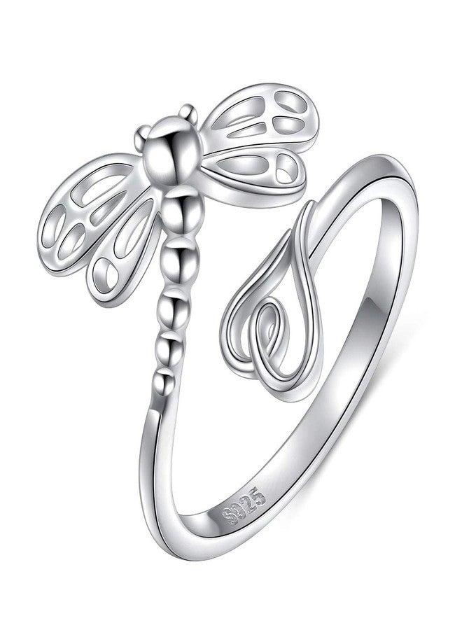 DAOCHONG 925 Sterling Silver Open Heart Insect Dragonfly Wrap Ring for Women (Adjustable Ring) (Dragonfly(wing fitting finger design)) - Image 1