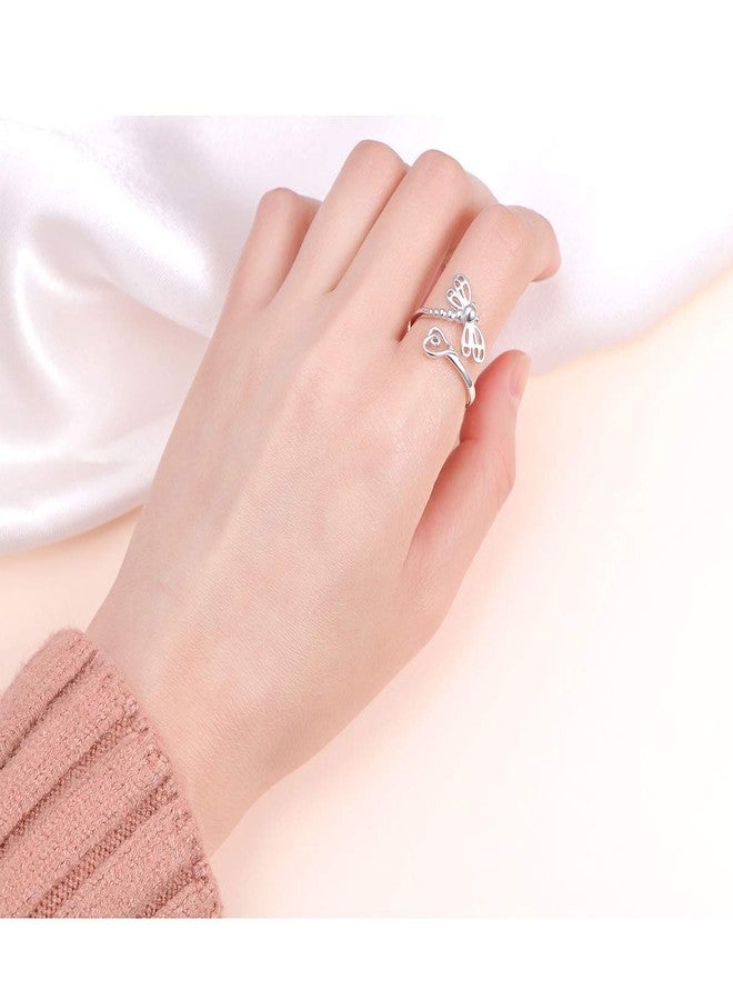 DAOCHONG 925 Sterling Silver Open Heart Insect Dragonfly Wrap Ring for Women (Adjustable Ring) (Dragonfly(wing fitting finger design)) - Image 2