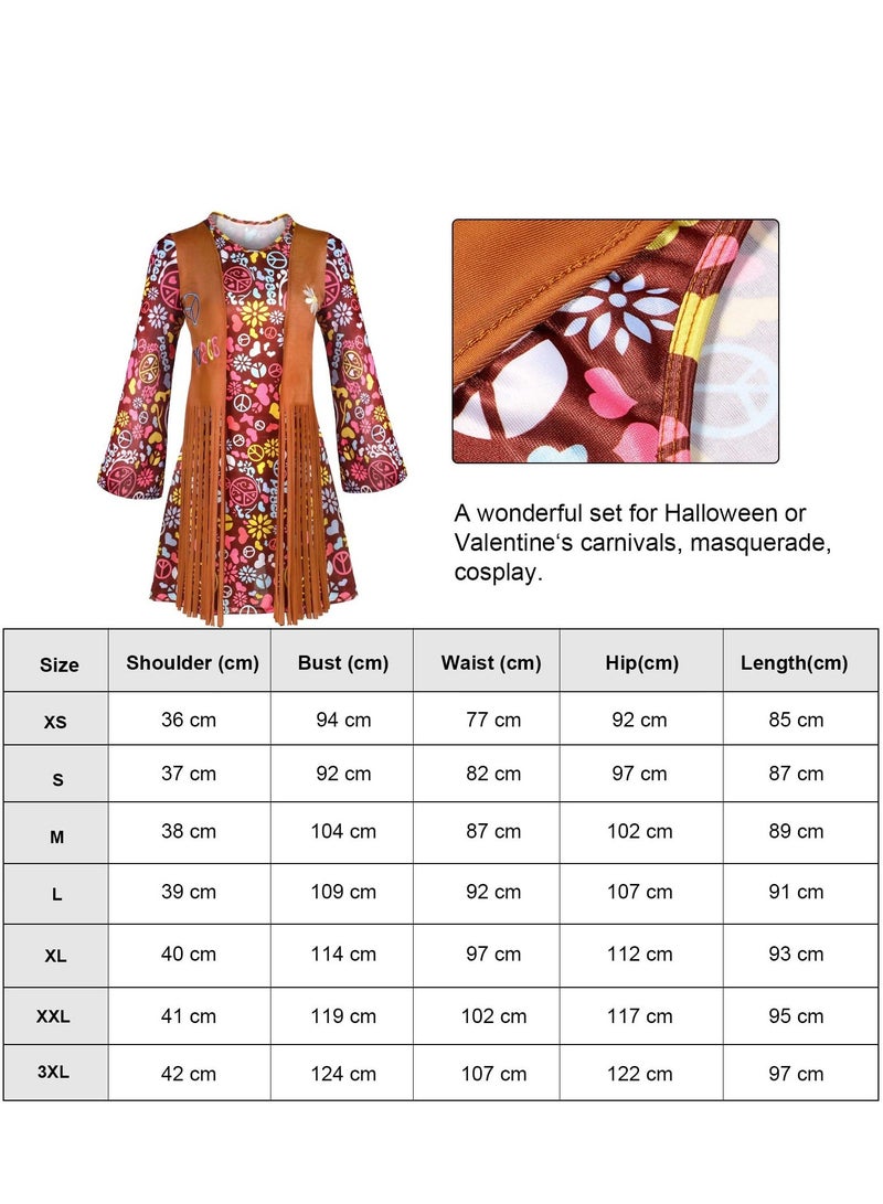 Women Hippie Costume Set Peace Sign Earring Necklace Headband Disco Dress Ankle Socks, XL  - Image 3